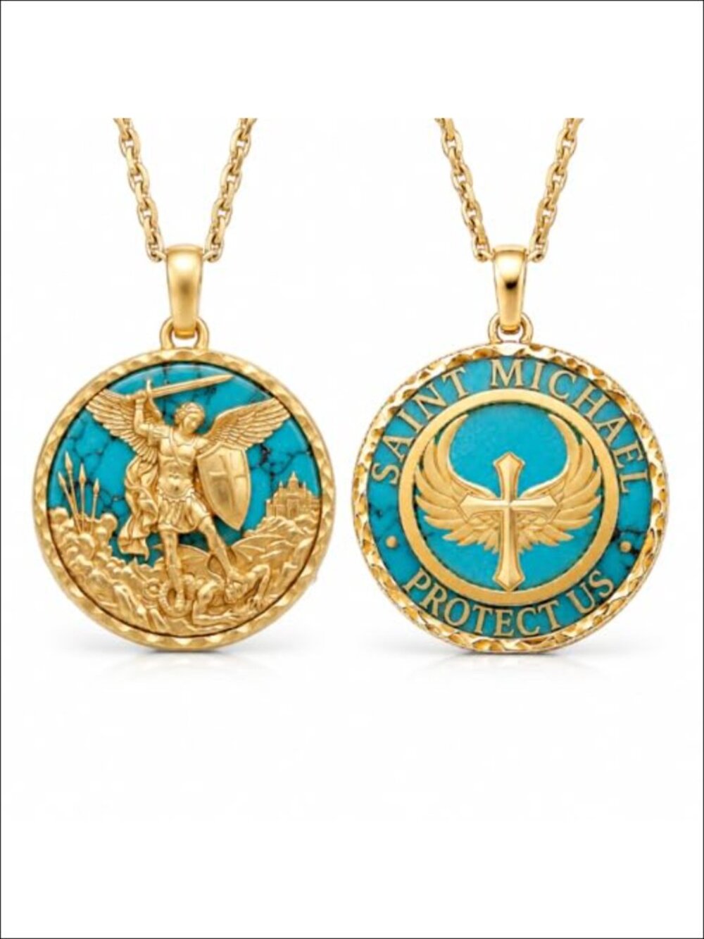 14K Gold Plated Natural Turquoise Saint Michael Pendant Necklace